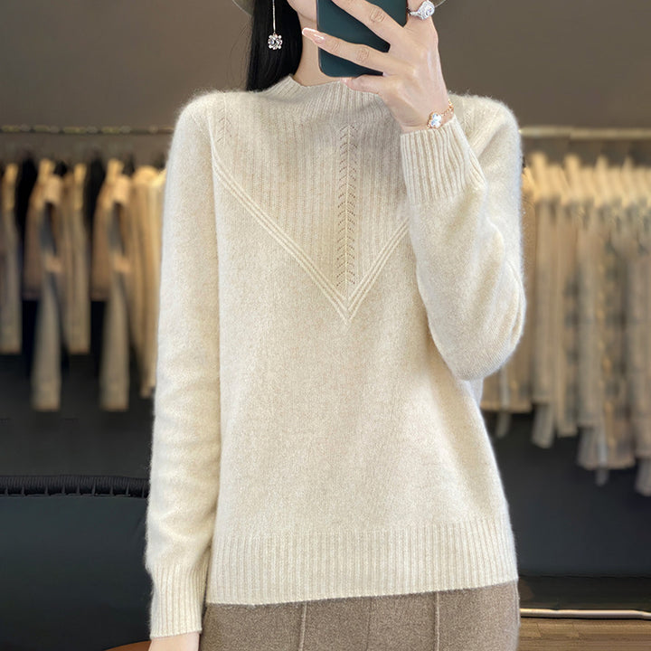 Women's Loose Mohair Blend Sweater with Textured V Panel and Stand Collar Mune Fashion