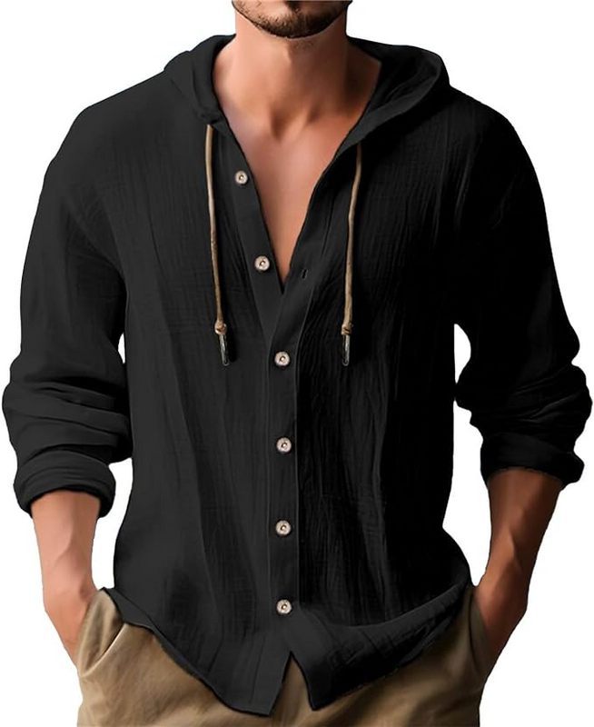 Men's crinkled short-sleeve hooded shirt made of cotton with button placket and drawstring Mune Fashion
