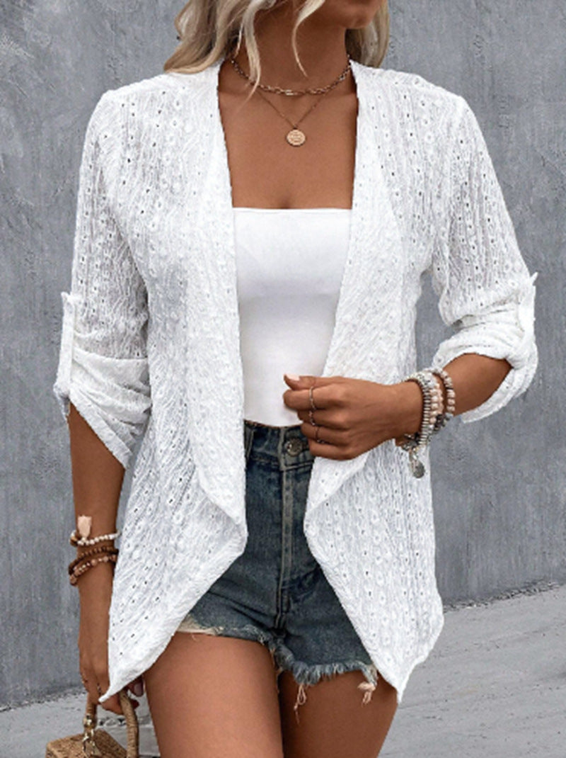 Women's light openwork knit blazer with waterfall front and roll-up sleeves Mune Fashion