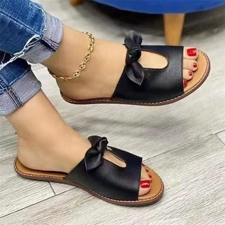 Women's Elegant Faux Leather Slides with Decorative Bow and Soft Comfort Footbed Mune Fashion