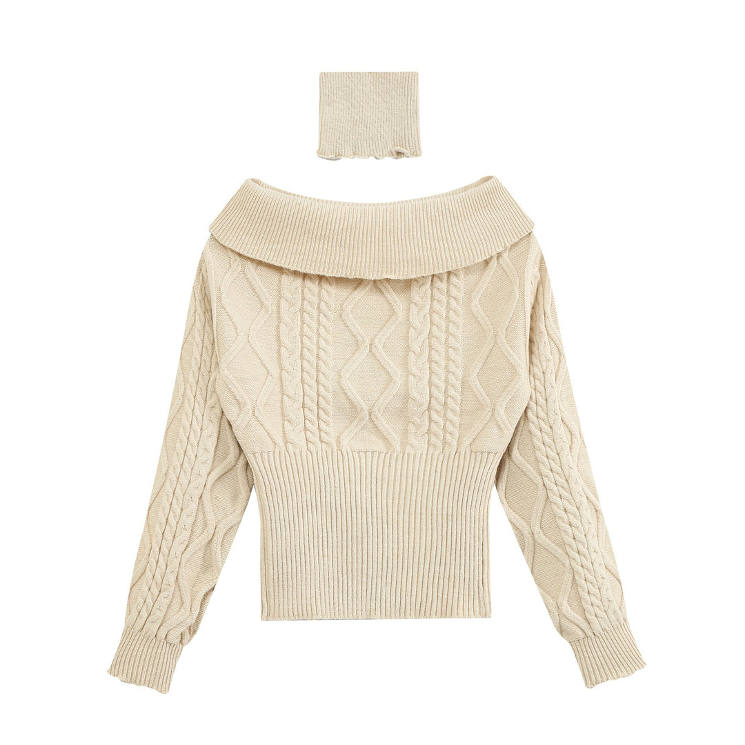 Women's Off-Shoulder Cable Knit Sweater with Wide Ribbed Cuff and Folded Collar Mune Fashion
