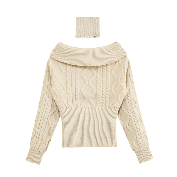 Women's Off-Shoulder Cable Knit Sweater with Wide Ribbed Cuff and Folded Collar Mune Fashion