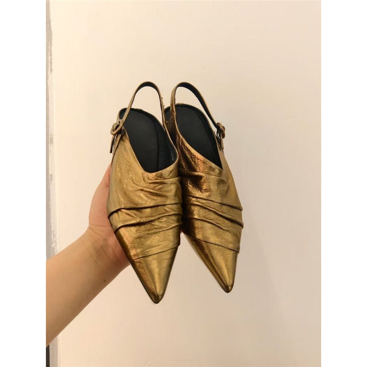 Women's pointed toe slingback mules with decorative strap and ergonomic flat heel Mune Fashion