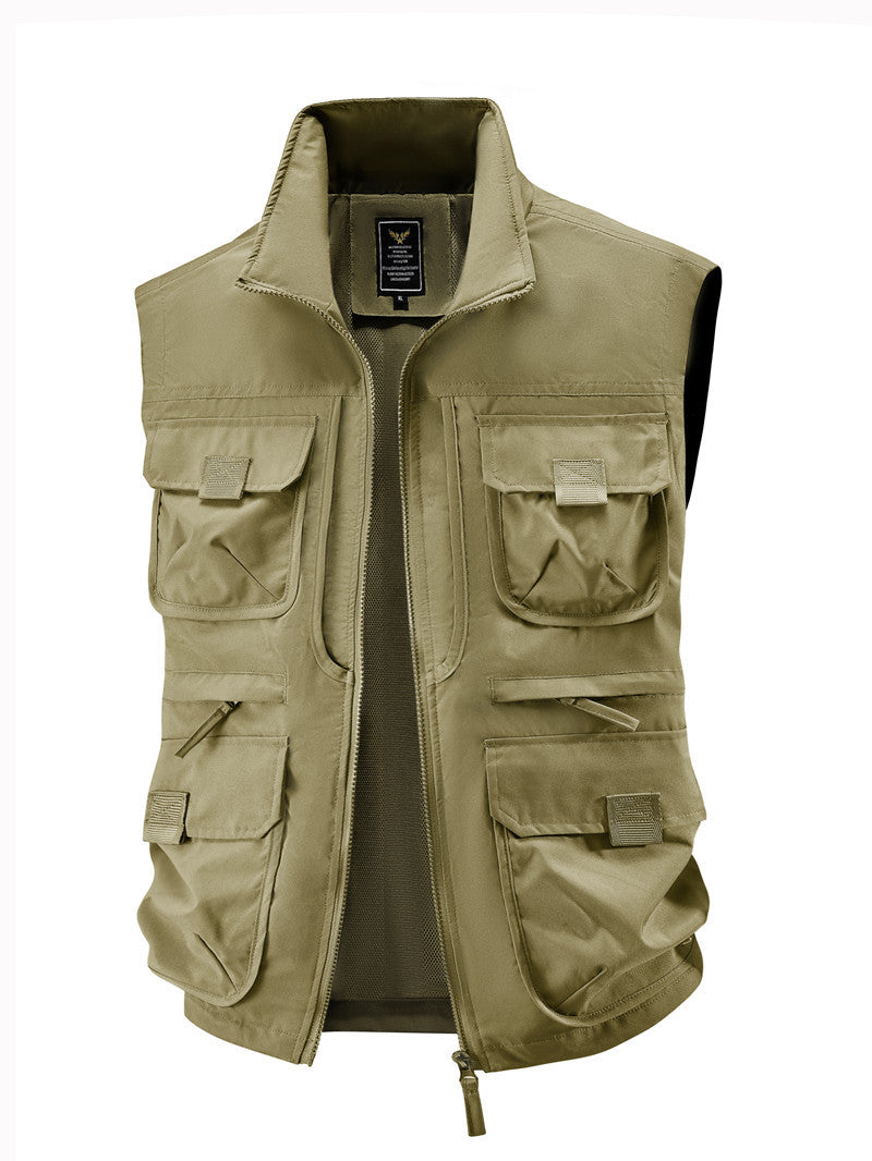 Men's Multi-Pocket Utility Vest with High Collar Two-Way Zipper & Mesh Lining Mune Fashion