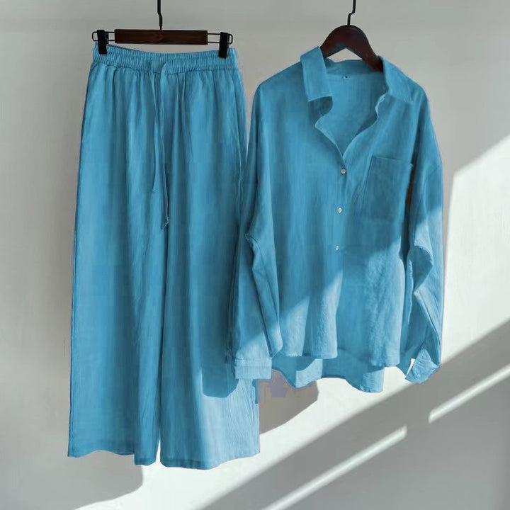Women's Loose-Fitting Two-Piece Viscose Loungewear Set with Shirt Blouse and Wide Palazzo Pants Mune Fashion