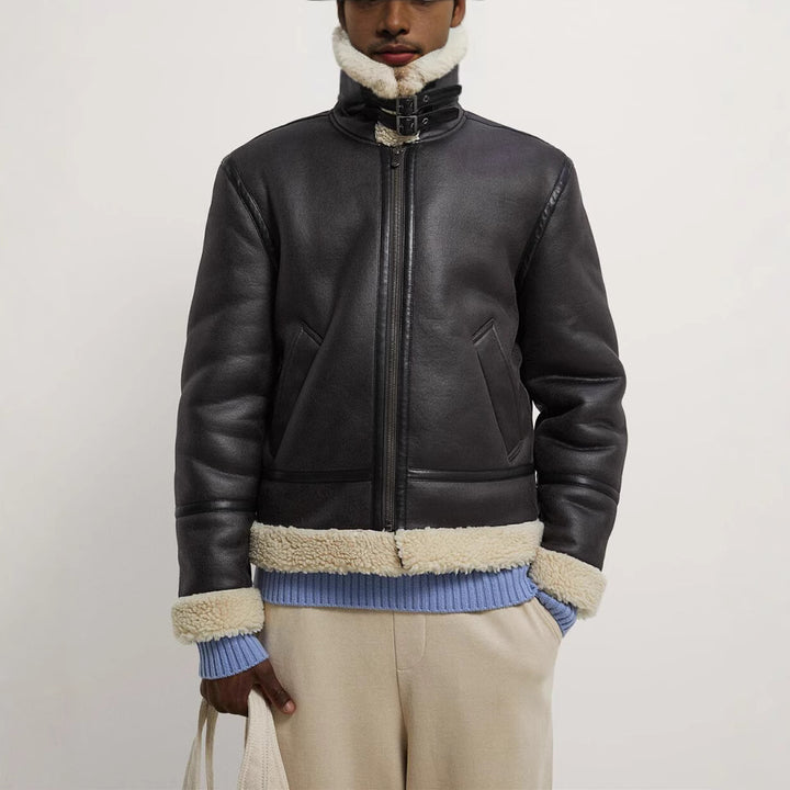 Men's short jacket made of artificial leather with teddy lining and lapel collar Mune Fashion