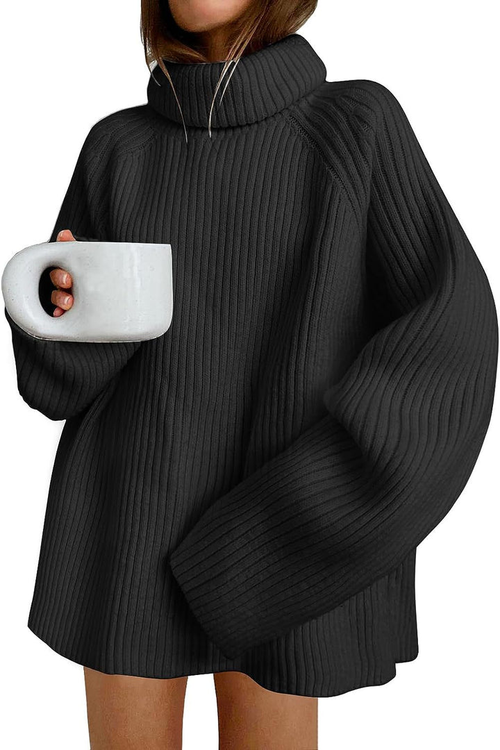 Women’s Oversize Pullover Dress made of Rib Knit with High Roll Neck and Voluminous Sleeves Mune Fashion
