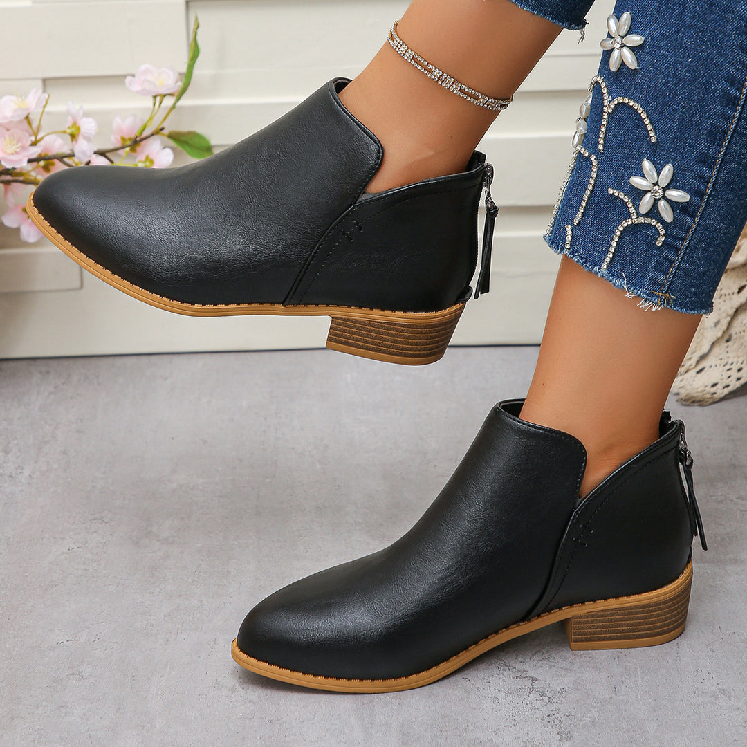 Women ankle-high booties with V-cut, back zip tassel, and stacked block heel Mune Fashion