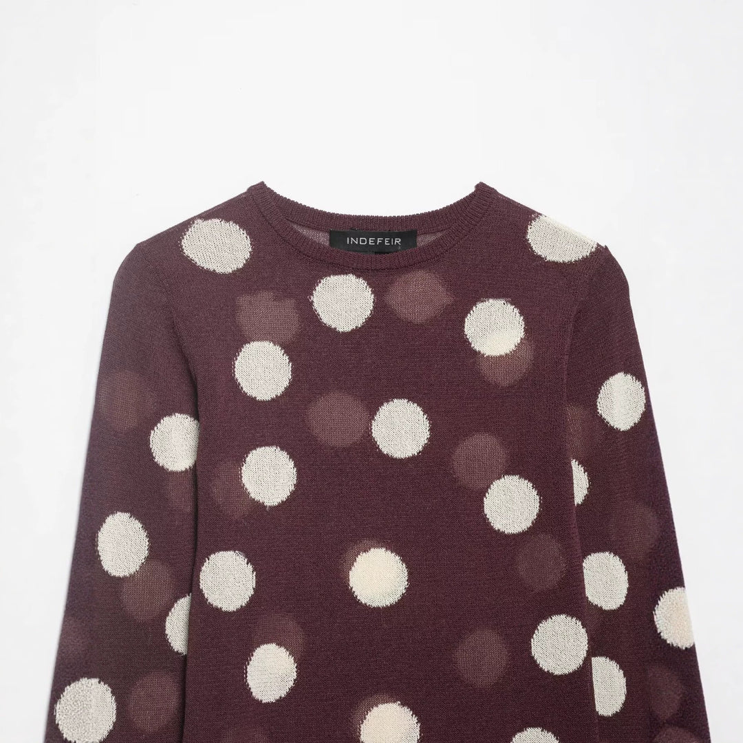 Women's Lightweight Polka Dot Fine Knit Sweater with Round Neck and Relaxed Fit Mune Fashion