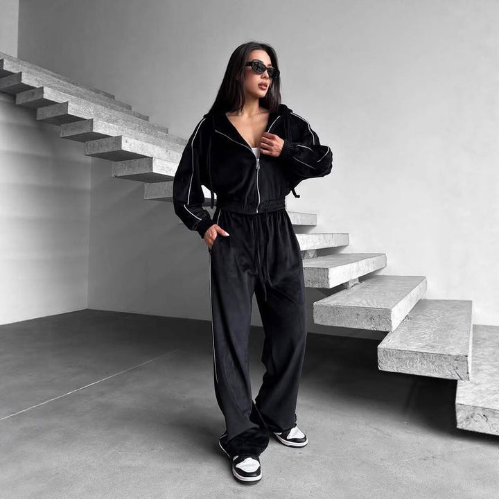 Women Velvet Lounge Set with Cropped Zip Hoodie and Wide High-Waist Jogger Mune Fashion