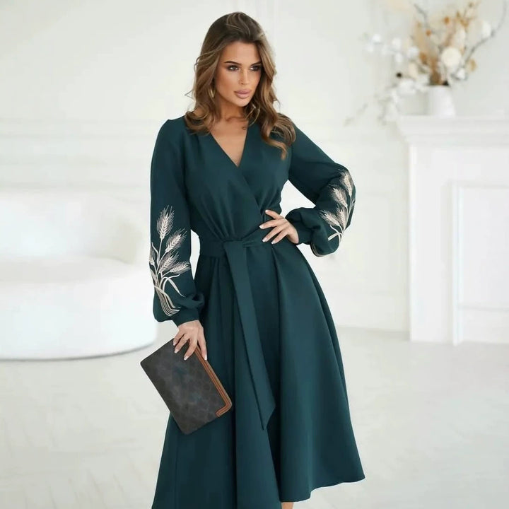 Women's Wrap Midi Dress with Waist Belt, High Slit and Embroidered Balloon Sleeves Mune Fashion