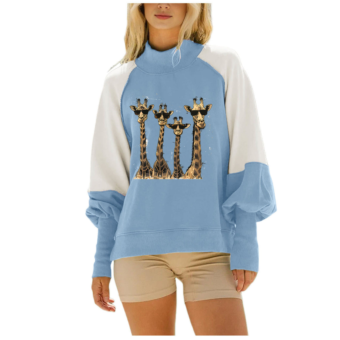 Women's casual oversized sweatshirt with high roll neck, raglan sleeves, and giraffe print Mune Fashion