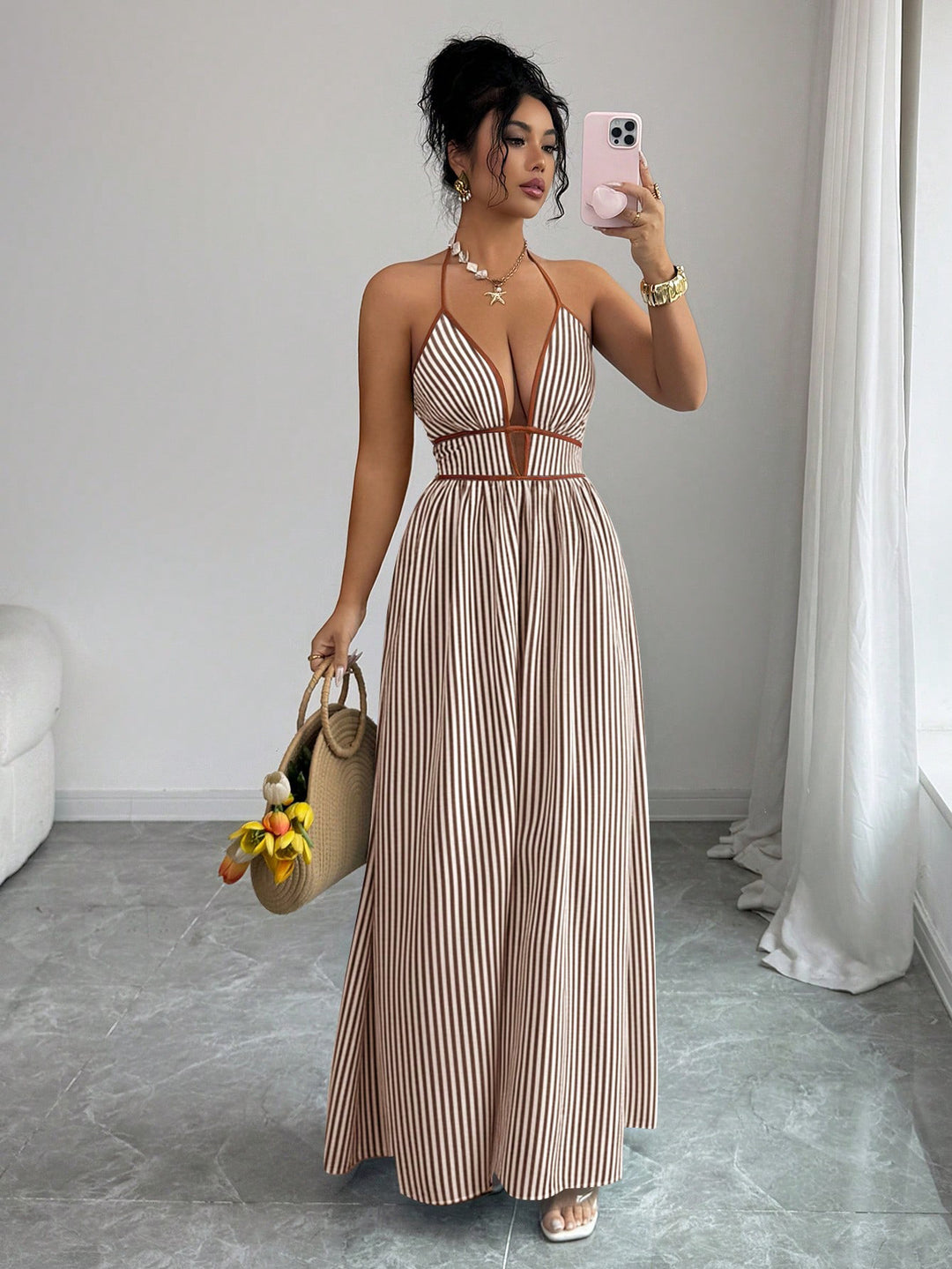 Women's Striped Halter Maxi Dress with Deep V-Neck and Waist Cut-Out Mune Fashion