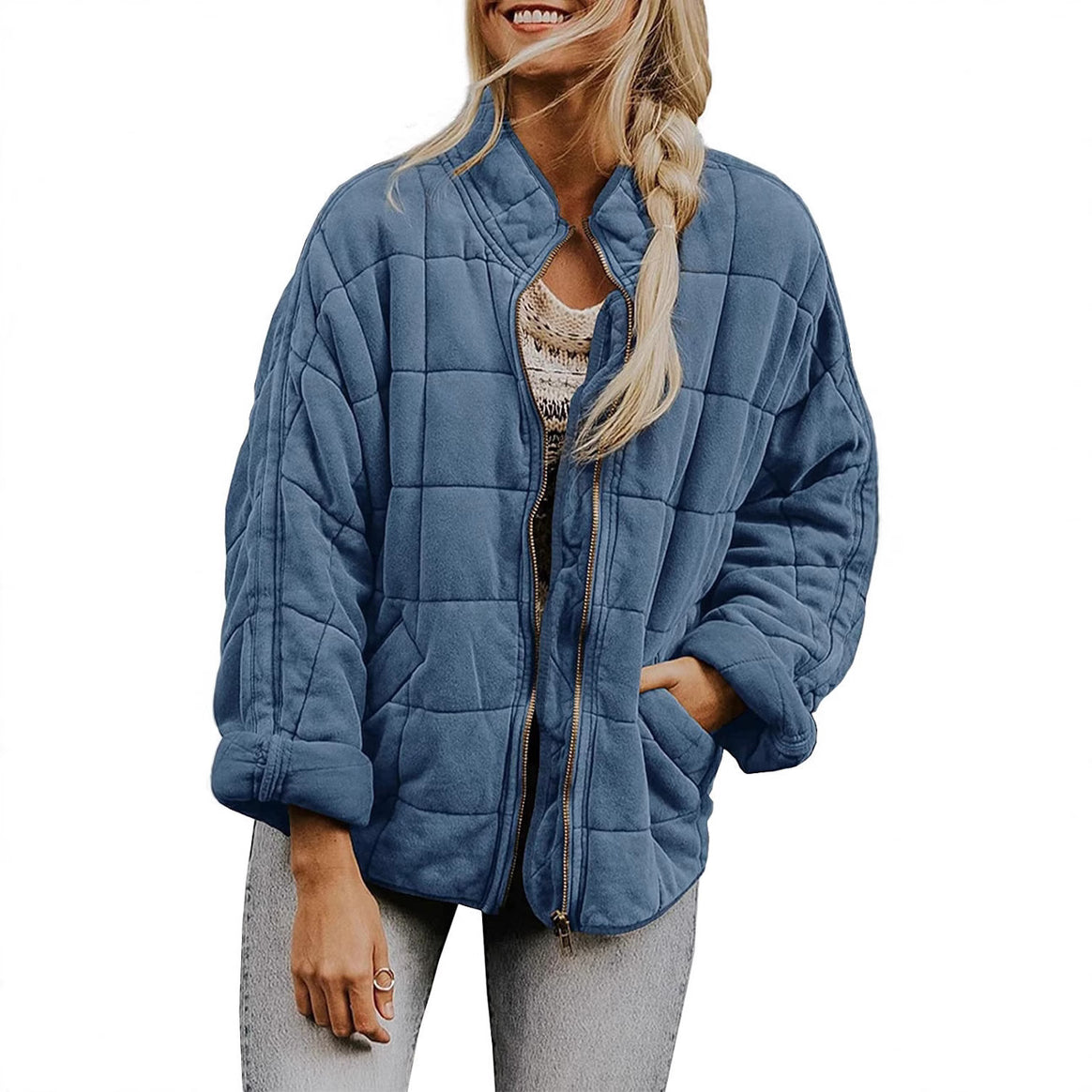 Women's Oversize Quilted Jacket with Zipper and Side Pockets Mune Fashion