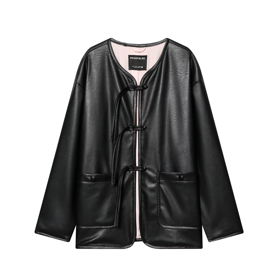 Women Oversize Faux Leather Jacket with Cord Knot Closure and Patch Pockets Mune Fashion