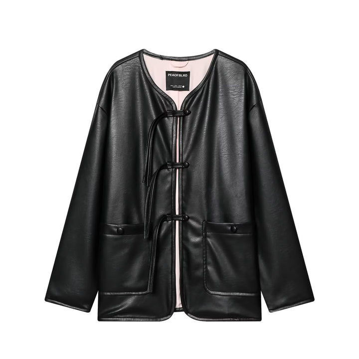 Women Oversize Faux Leather Jacket with Cord Knot Closure and Patch Pockets Mune Fashion