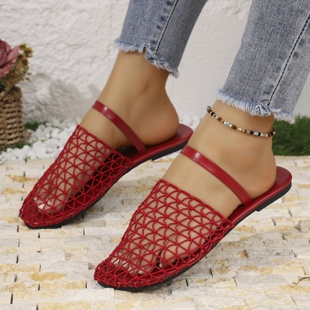 Women woven net mules with slip-on function, open heel and flexible lightweight sole design Mune Fashion