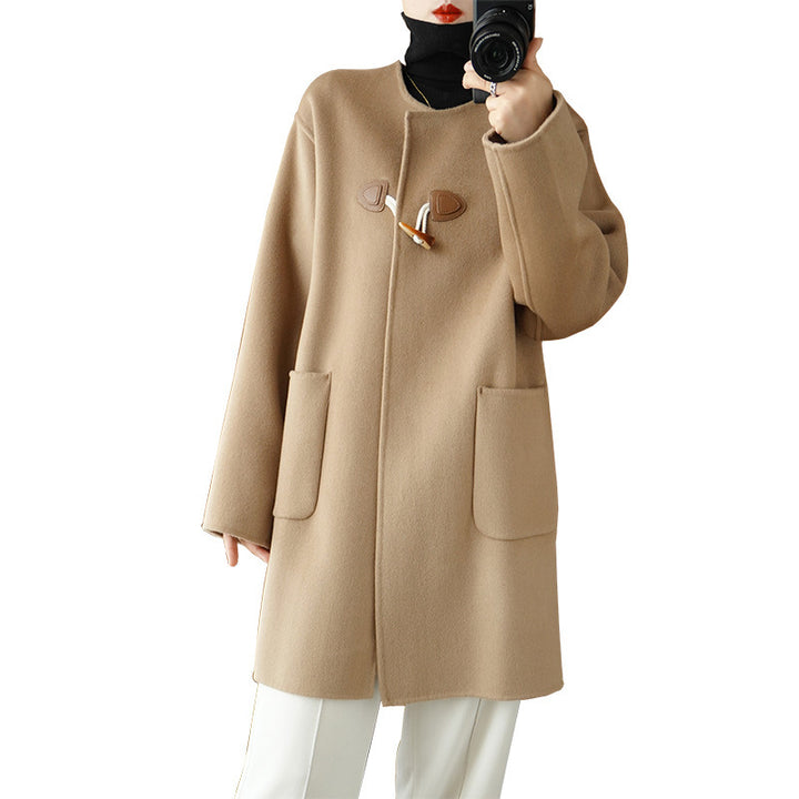 Women's Mid-length Wool Blend Coat with KnMune Fashion Fastenings, Boxy Silhouette and Patch Pockets Mune Fashion
