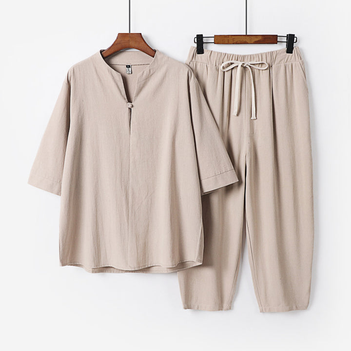 Women Lightweight Linen-Cotton Loungewear Set with Stand Collar, Three-Quarter Sleeves and Elasticated Waist Pants Mune Fashion