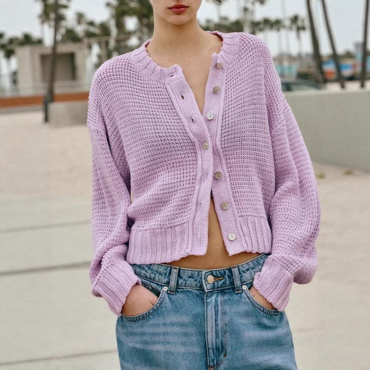 Women's Loose Cropped Cardigan with Button Placket and Open Structure Drune