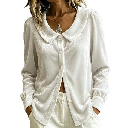 Ladies velvet shirt blouse with Peter Pan collar and mother-of-pearl button placket Mune Fashion