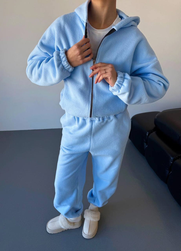 Women's cozy fleece hoodie and jogging pants lounge set with zip-up hood elastic waistband Mune Fashion