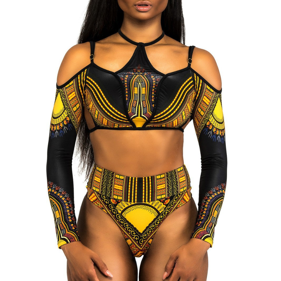 Women's Crop-Top Bikini with Long Sleeves and Innovative Pattern Mune Fashion
