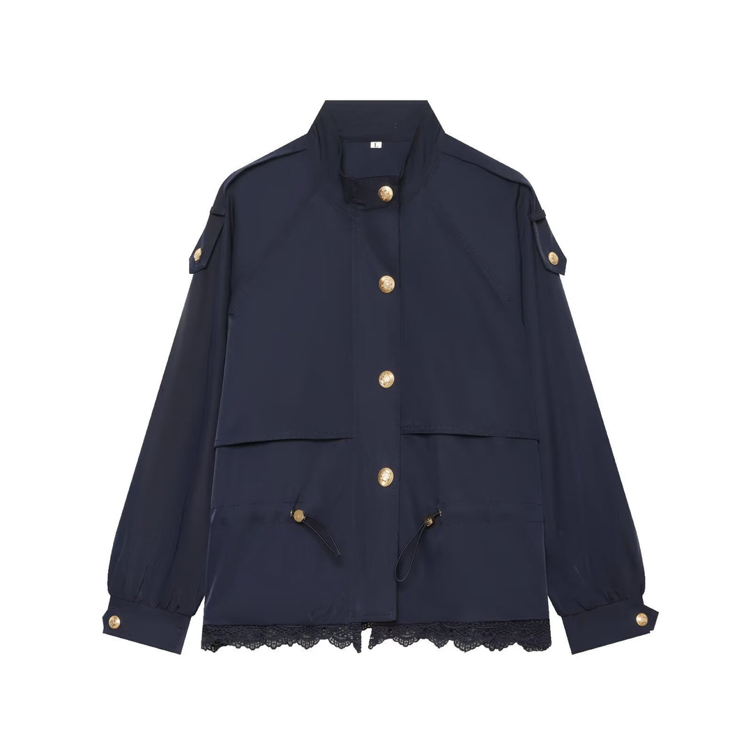 Women's lightweight field jacket with drawstring, stand-up collar, epaulettes, and lace trim Mune Fashion