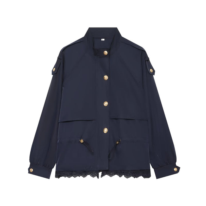 Women's lightweight field jacket with drawstring, stand-up collar, epaulettes, and lace trim Mune Fashion