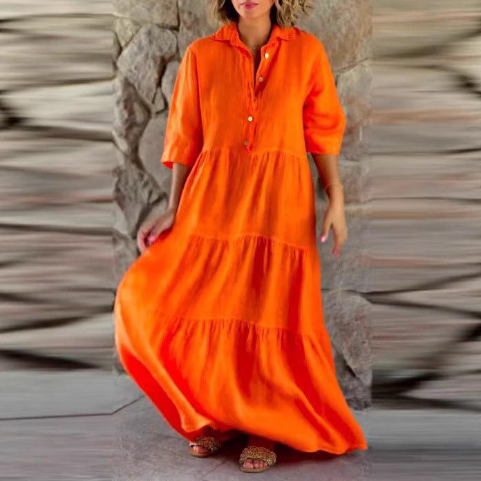 Women's summer linen blend tiered maxi dress with shirt collar, gathered waist and elbow-length sleeves Mune Fashion