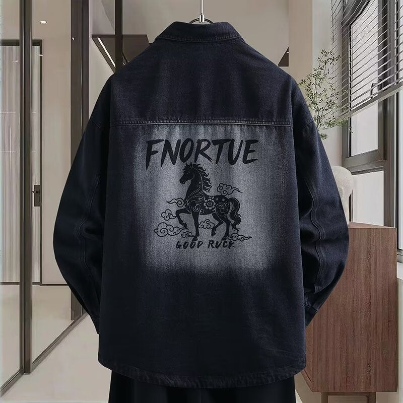 Men's loosely cut denim shirt jacket with artistic back print and overshirt cut Mune Fashion