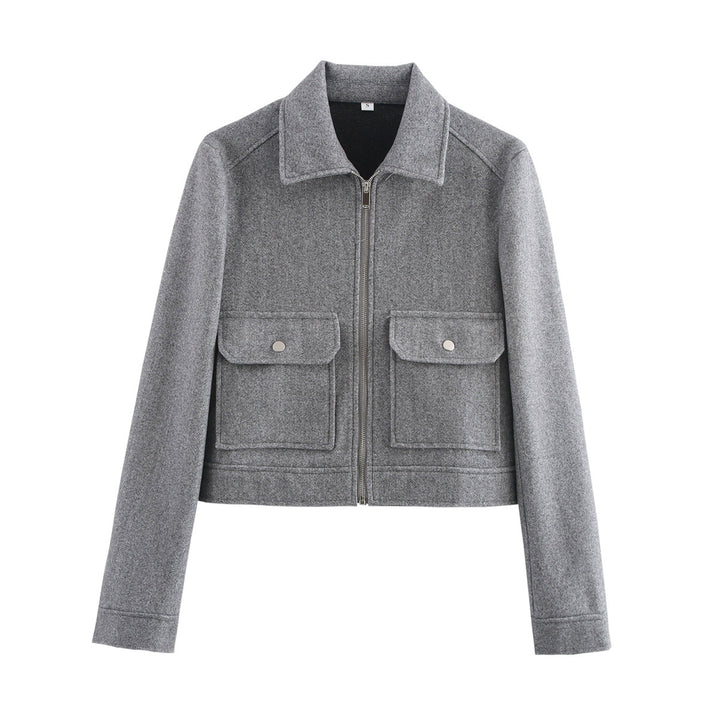 Women's short boxy wool jacket with full zip and patch pockets Mune Fashion