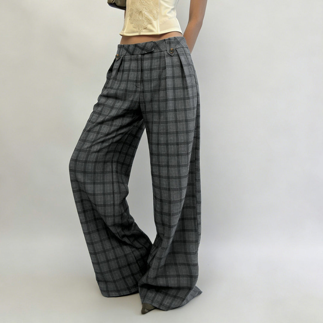 Women's Wide Checked High-Waist Culotte Pants with Pleats Mune Fashion