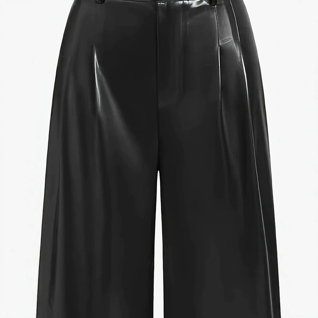 Women High-Waisted Wide-Leg Faux Leather Trousers with Decorative Buttons Mune Fashion