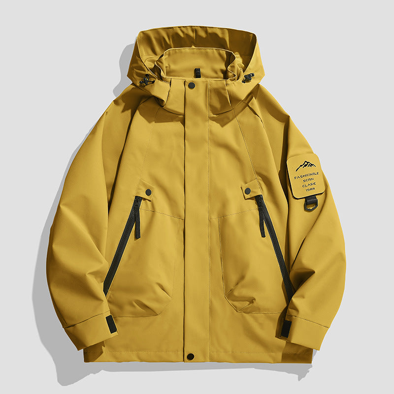 Men's Waterproof Utility Softshell Jacket with Hood, Diagonal Zipper Pockets & Adjustable Sleeve Straps Mune Fashion
