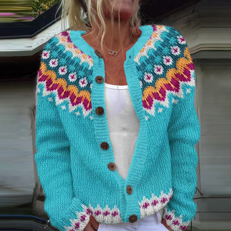 Women's patterned cardigan with round yoke, wooden buttons, and welt pockets Mune Fashion