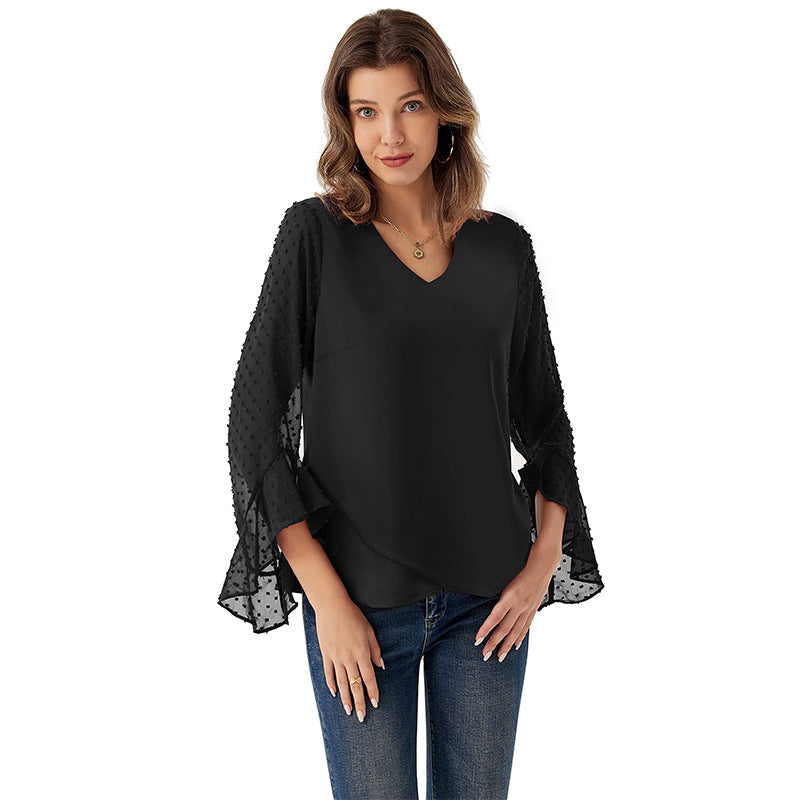 Women's chiffon blouse with V-neck, dotted trumpet sleeves, and asymmetrical hem Mune Fashion
