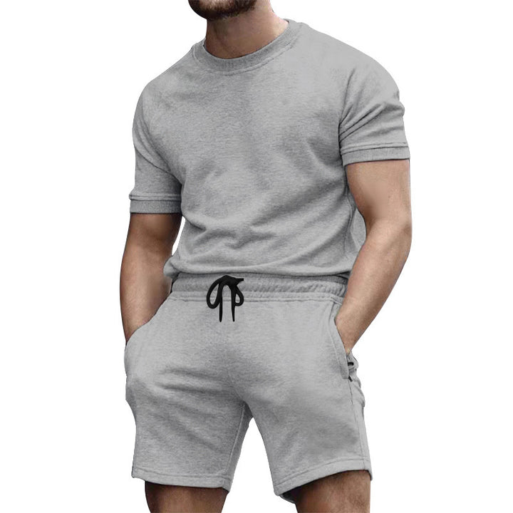 Men's short-sleeve sweat set made of soft sweatshirt fabric with a round neck shirt and drawstring shorts Mune Fashion