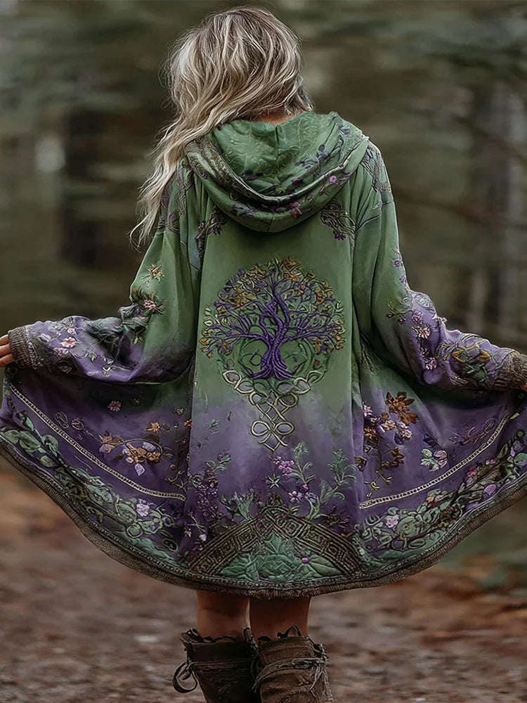 Women’s Boho Hooded Coat in Swing Cut with Tree Motif and Gradient Mune Fashion