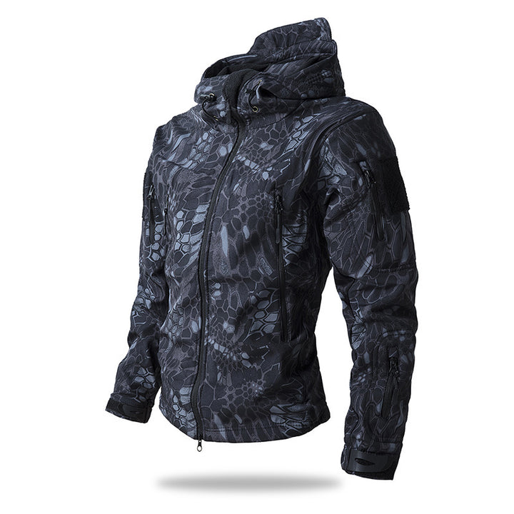 Men's Tactical Softshell Jacket with Hood, Camouflage Pattern and Multiple Zipper Pockets Mune Fashion