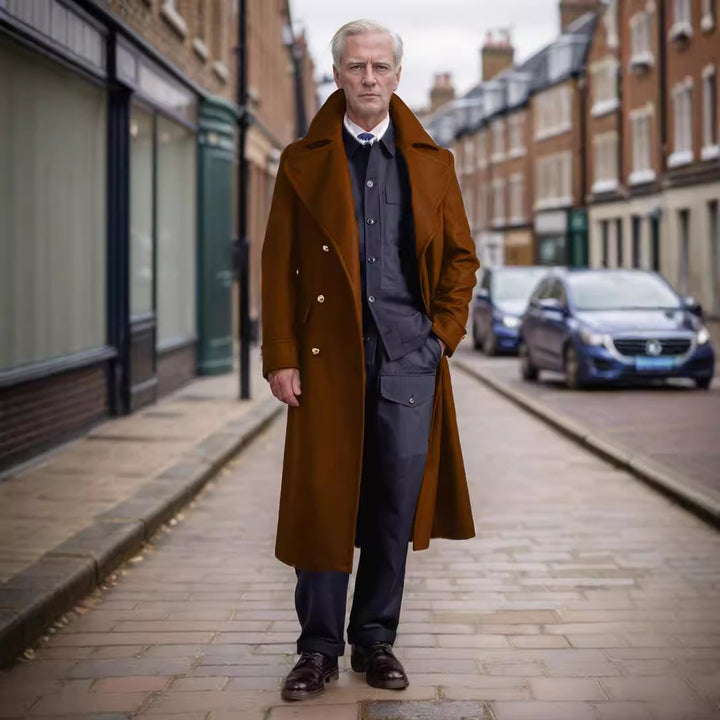 Men's longline coat in military look with wide shawl collar and striking decorative buttons Mune Fashion
