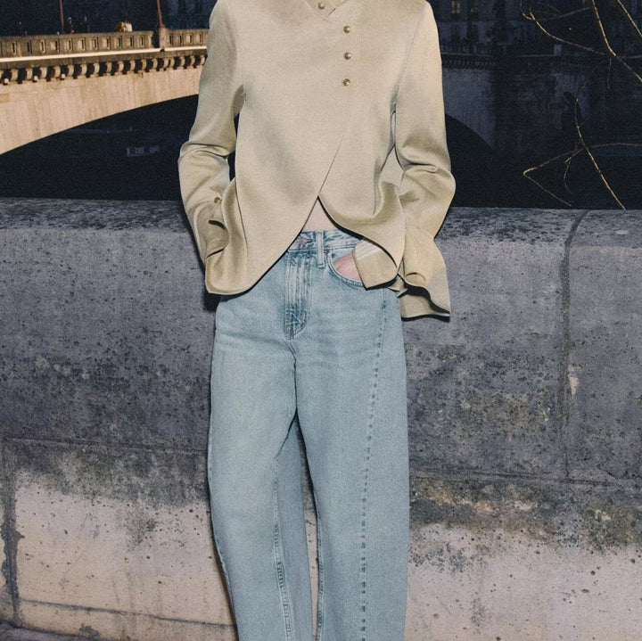 Women Asymmetrical Satin Blouse Jacket with Mandarin Collar and Bell Sleeves Mune Fashion