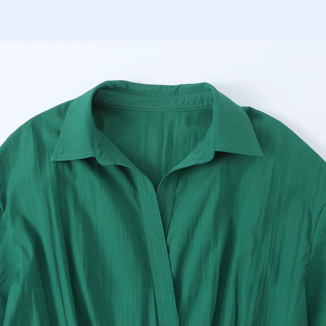 Ladies shirt blouse midi dress with V-neck, elastic waist and patch pockets Mune Fashion