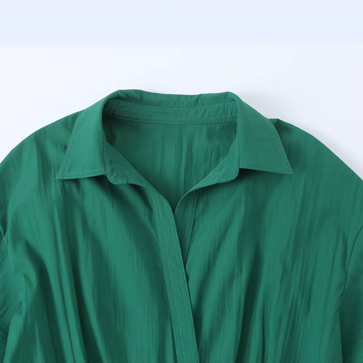 Ladies shirt blouse midi dress with V-neck, elastic waist and patch pockets Mune Fashion