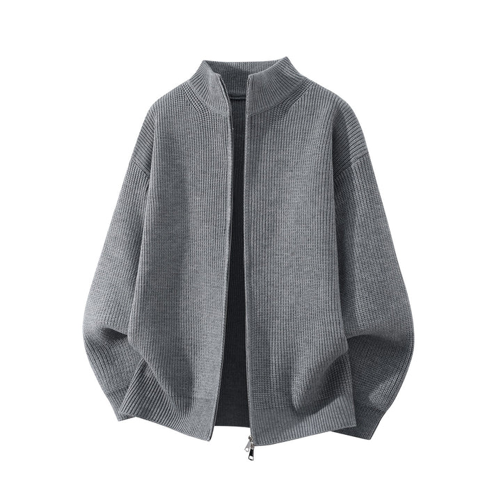 Men's Oversize Chunky Knit Zip Cardigan with Stand-Up Collar and Two-Way Zipper Mune Fashion