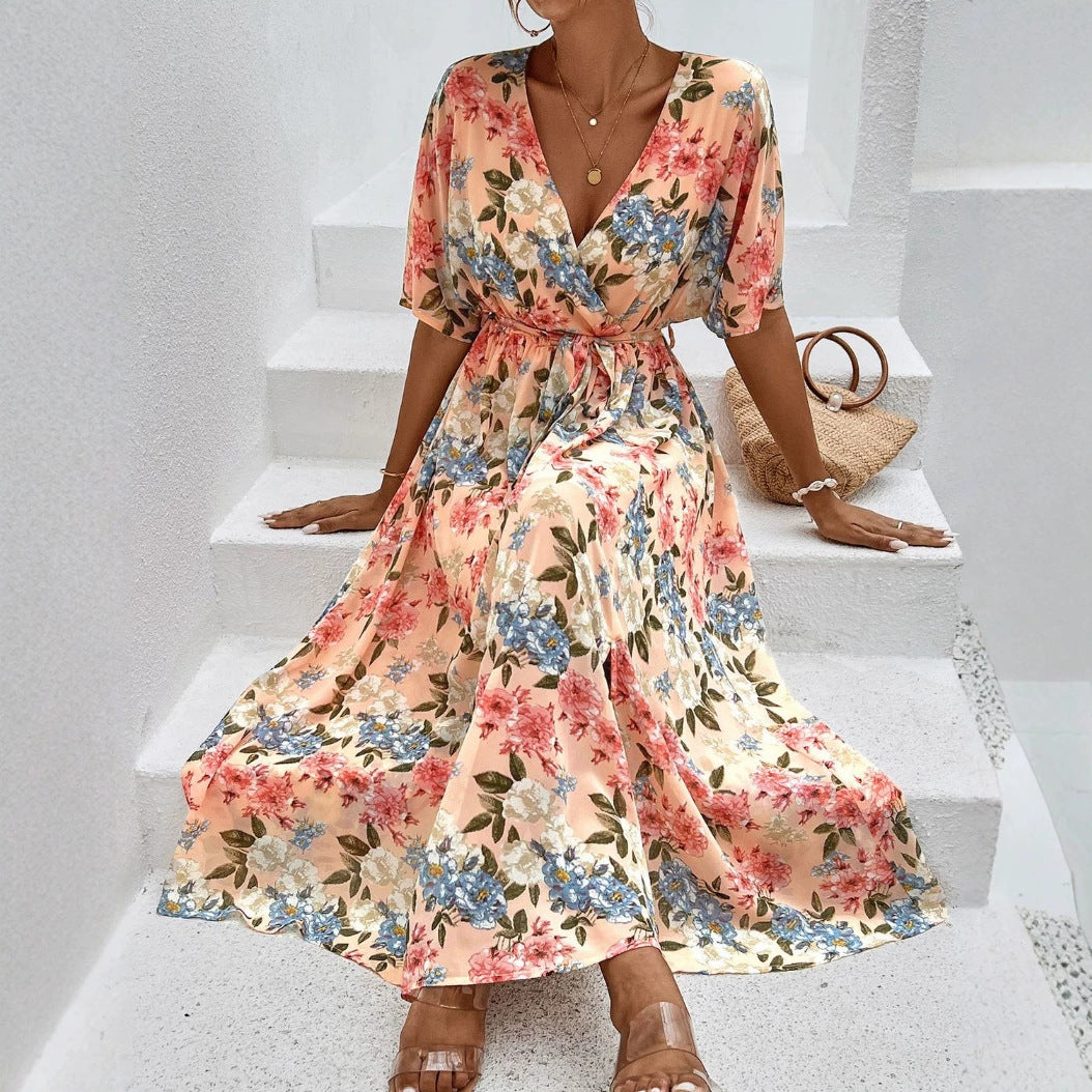 Women's floral V-neck tie dress with fitted belt and side leg slit Mune Fashion
