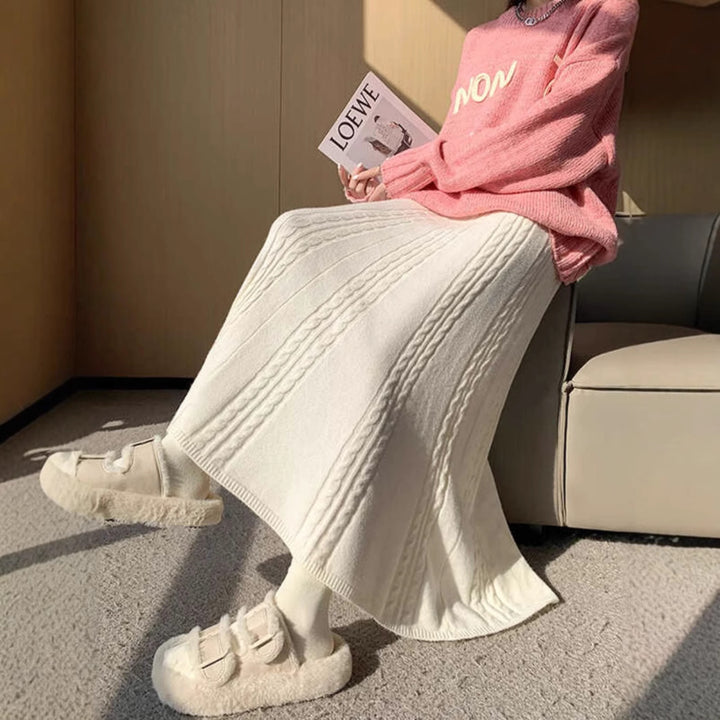 Women's Long Knit Skirt with Fine Rib Pattern Mune Fashion