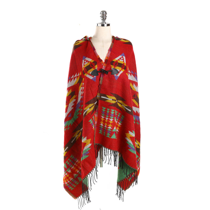 Women's Ethno-Jacquard-Poncho with Toggle Closure and Fringe Hem Mune Fashion