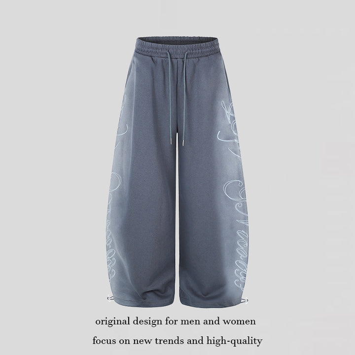 Women's Extra Wide Palazzo Sweatpants with Drawstring Waistband, Adjustable Hem, and Side Script Print Mune Fashion