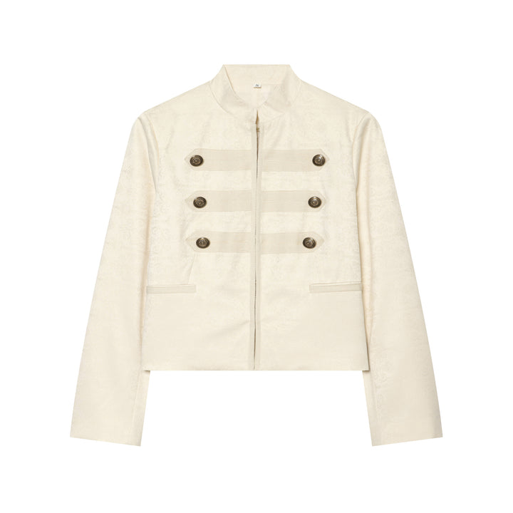 Women's Boxy-Cropped Jacquard Jacket with Stand Collar and Decorative Button Placket Mune Fashion